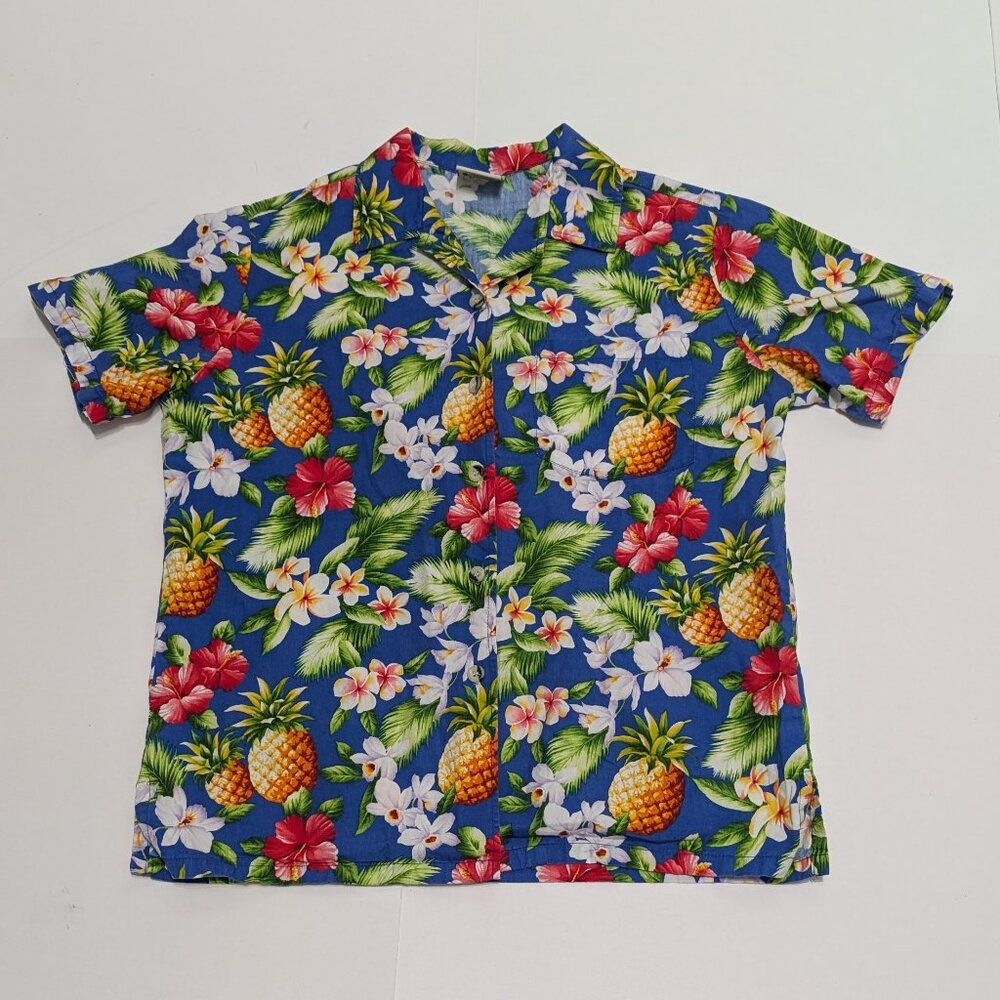 Vintage Go Barefoot Hawaiian Shirt Unisex XS Blue Tropical Pineapple Floral